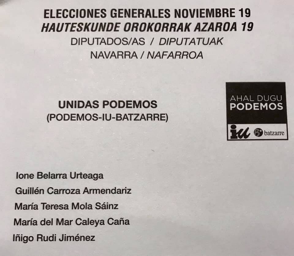 Papeleta Elecciones Generales. 10 Noviembre 2019.